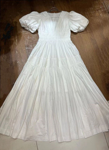 Niche 2024 Summer Wind V Collar Bubble Sleeves Short Sleeve Splicing Folds To Collect Waist Pink Dress Dress